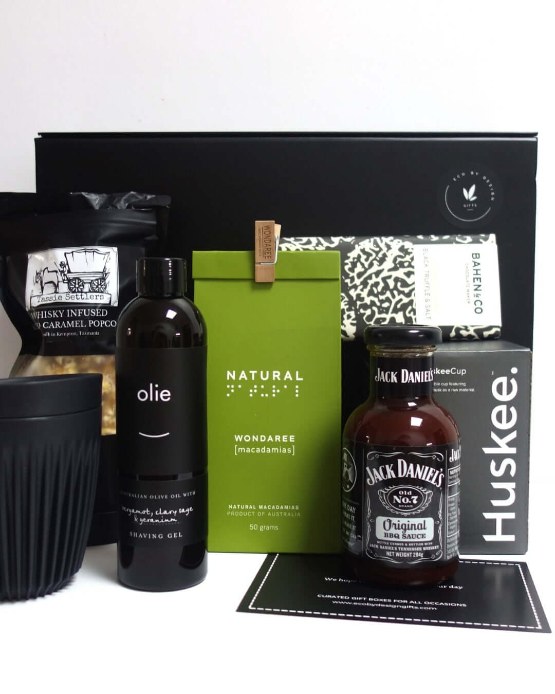Just for Him men's gift hamper featuring whisky popcorn, macadamias, shaving gel, and Jack Daniels barbeque sauce.