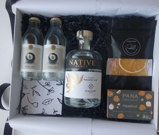 Tasmanian gin gift pack featuring Hobart Modern Gin, Strangelove tonic water, and Pana hazelnut chocolate.
