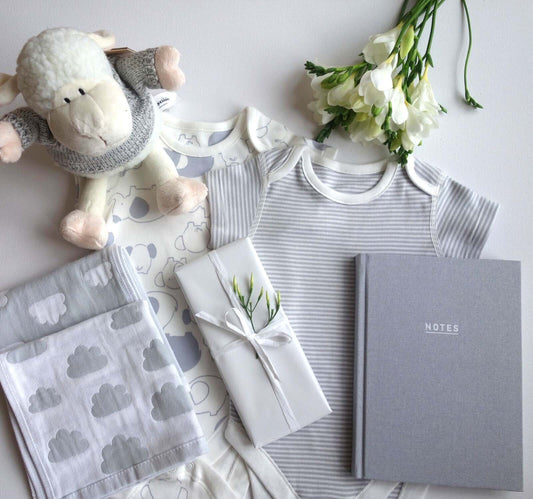 Baa Baa Grey Sheep unisex baby hamper with soft toy, bodysuits, face cloths, and notebook.