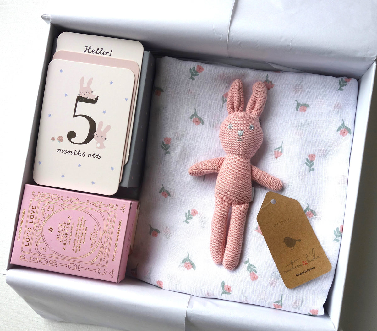 baby girl gift, milestone baby cards, chocolates , pink baby toy