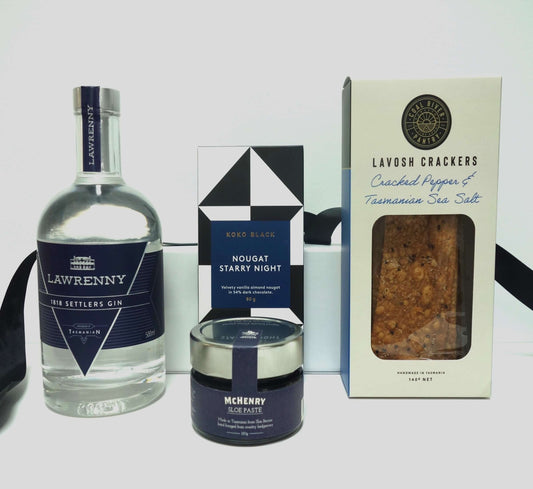 Perfectly Tasmanian Gin Gift featuring Lawrenny Gin, Koko Black Nougat, McHenry Sloe Paste, and Lavosh Crackers.