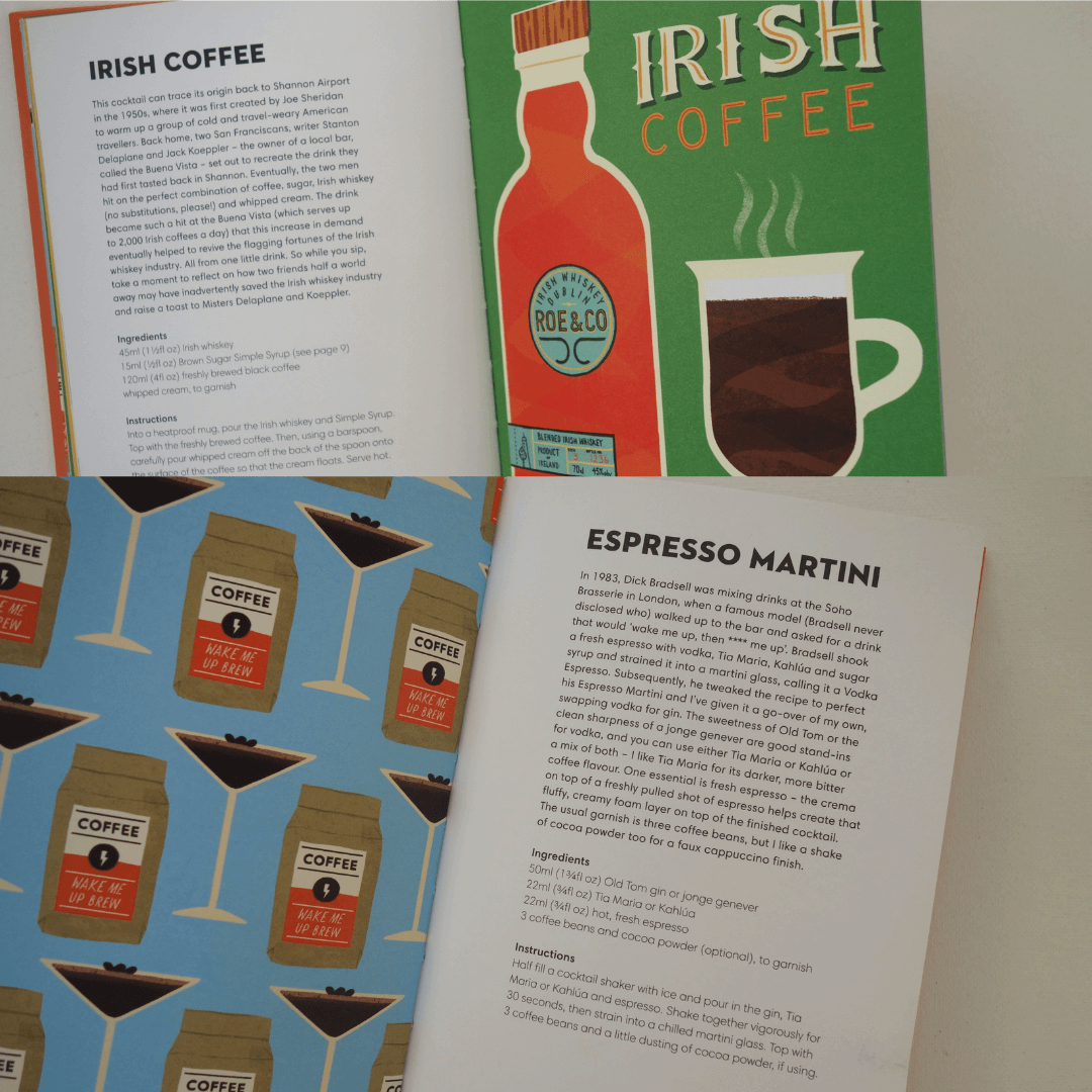 Open pages of a cocktail book featuring Irish Coffee and Espresso Martini recipes with vibrant illustrations.