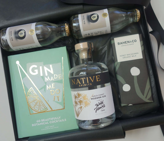 Gintastic gift hamper featuring Native Spirits Botanical Gin and cocktail book.