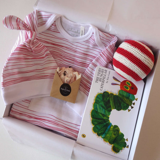 Hello Baby red and white themed baby gift hamper with bodysuit, beanie, rattle, and The Very Hungry Caterpillar book.