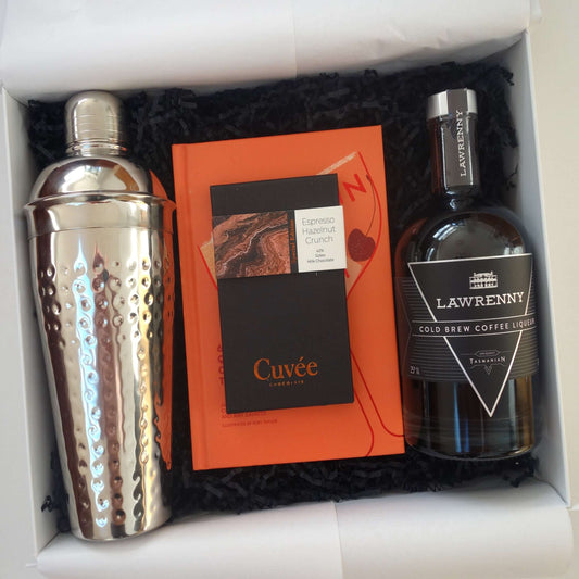 Tasmanian Coffee Gift featuring Lawrenny cold brew coffee liqueur, espresso hazelnut crunch book, and stainless steel shaker.