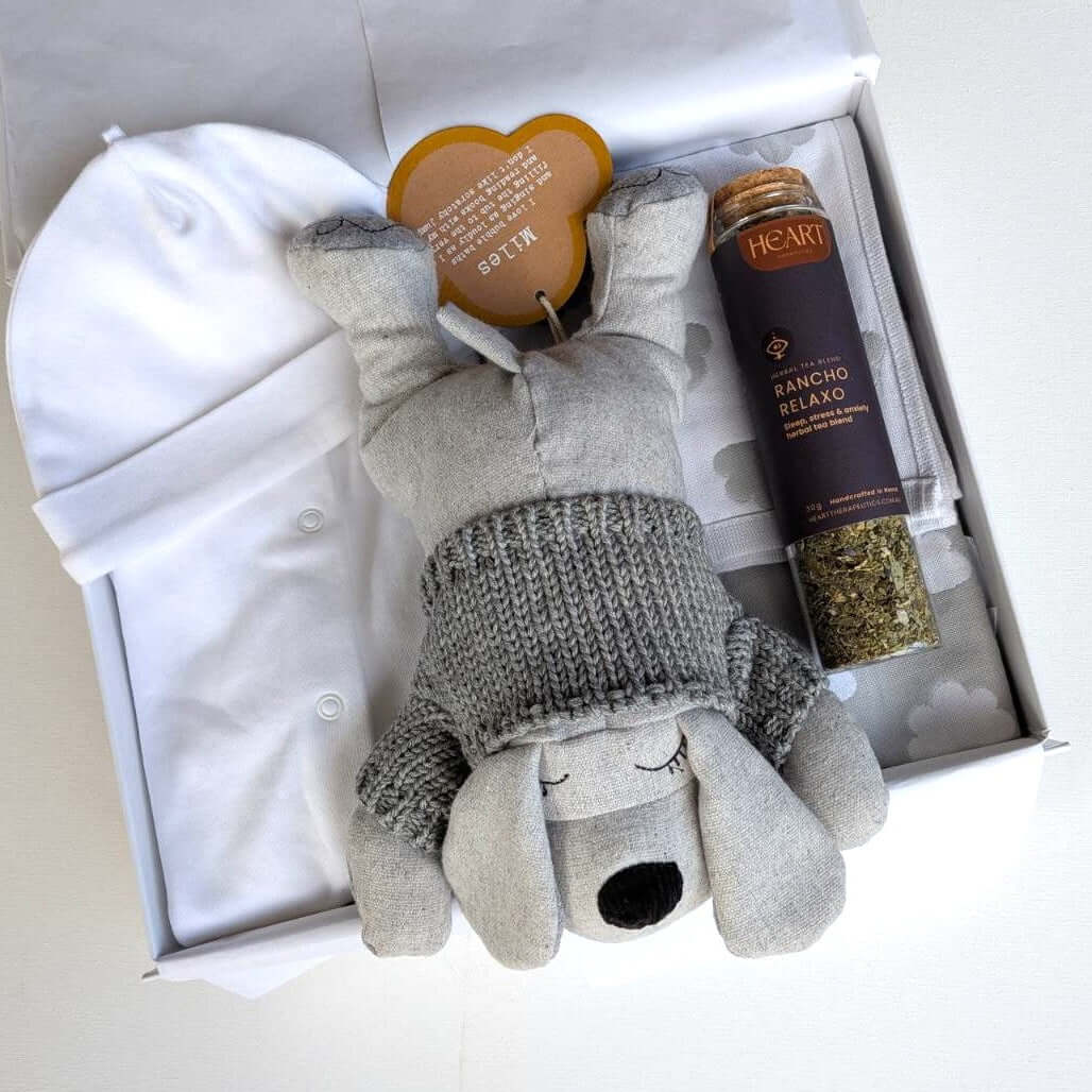 Spoil bub & mum gift set featuring a soft toy dog and cotton bodysuit and hat.