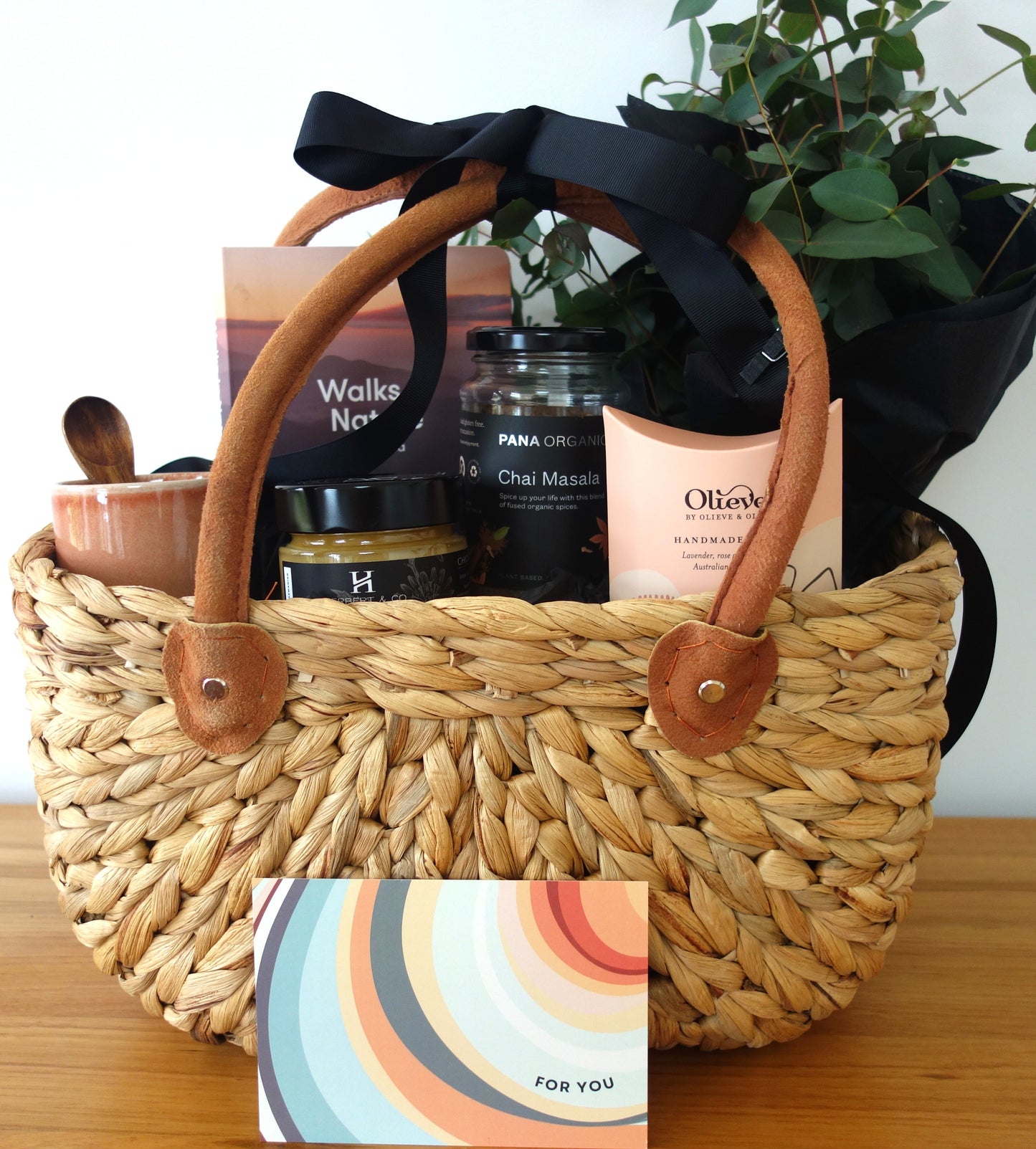 Moments in nature gift hamper with organic products and a card for you.